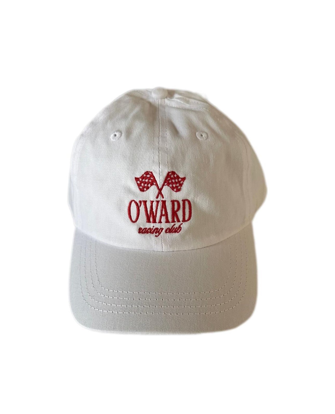 Gorra Blanca Curva PO+EO Collab O’WARD Racing Club logo rojo al frente